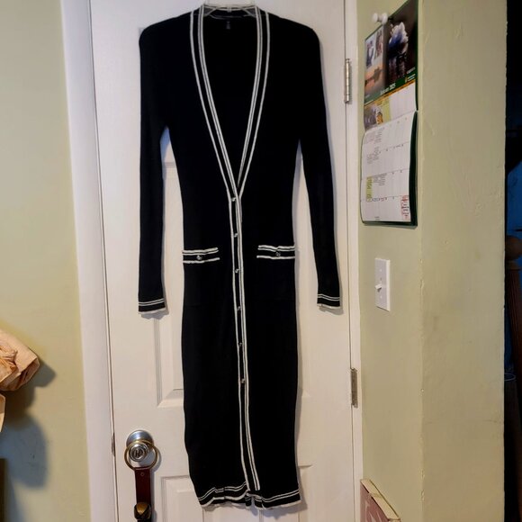 SOLD WHBM Ribbed Long Cardigan Duster Black White Trim - Picture 2 of 15